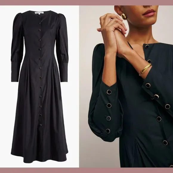 NWT $278 Reformation [‎ 2 ] Halia Long Sleeve Button-Up Dress in Black - Picture 2 of 15